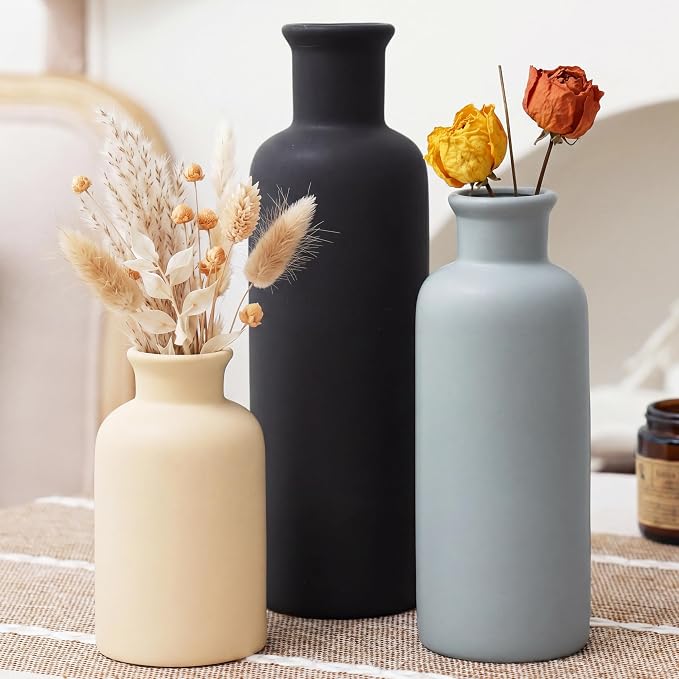 Ceramic Vase Set of 3, Neutral Rustic Vases for Farmhouse Decor Waterproof | Farmhouse Vases for Pampas Grass & Dried Flowers and Table Living Room Home Decor