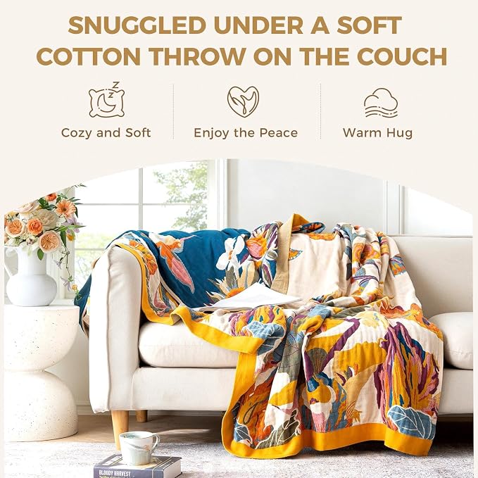LUTBM Queen Throw Blanket for Bed, 100% Cotton Boho Breathable Summer Quilt | Reversible 90"x90" Floral Butterfly Blankets, Soft All-Season Lightweight Bedspread, For Chair Sofa Couch Bedroom, Home Decor