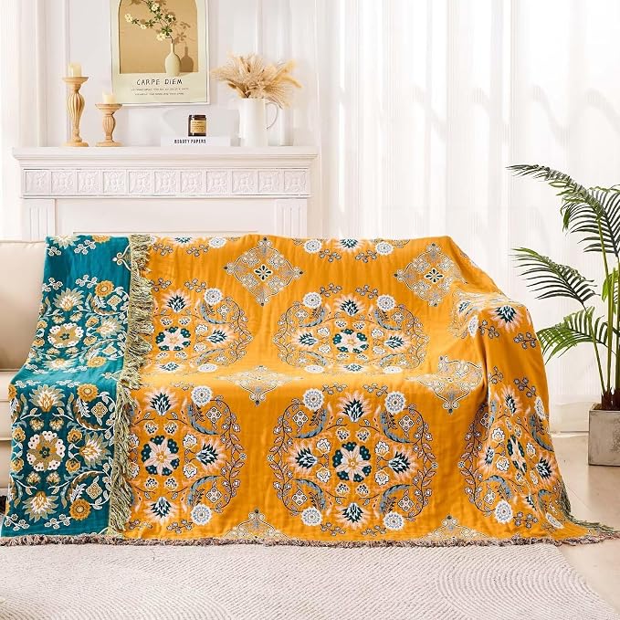 XIBLC Boho Throw Blanket, 100% Cotton Ultra Soft Luxury Throw Rustic Quilt, Floral Printed Farmhouse Decor Bed Summer Blankets, All Season Rustic Reversible Bohemian Throw for Bed (60"x80" Yellow