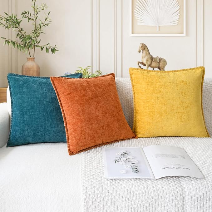 CaliTime Decorative Throw Pillow Covers 20 X 20 Inches Mustard Yellow | Pack of 2, Cozy Chenille Cushion Cases, Cotton Thread Stitching Edges, for Couch Sofa Bed Living Room Farmhouse