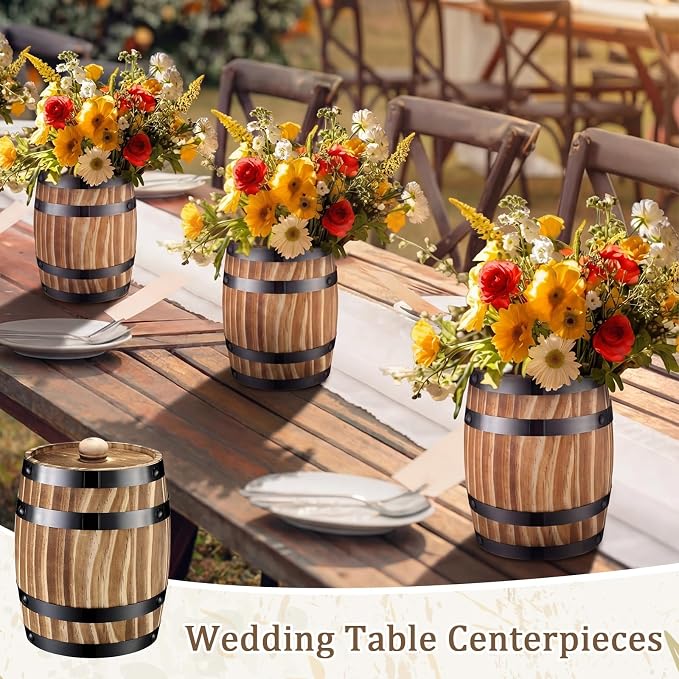 GlikCeil 2 Pcs Wood Wine Barrel Vase Vintage Flower Vase Container Rustic Barrel Planter for Wedding Reception Table Decoration Home Indoor Outdoor Garden Kitchen Party (6.3 x 5.5 Inch)