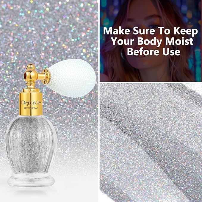 Etercycle Body Glitter Spray, Silver Hair Glitter Shimmer Sparkle Powder, Extra Fine Face Body Shimmer Cosmetic Glitter Makeup for Rave Clothes Nail Art Easter Halloween Crafts