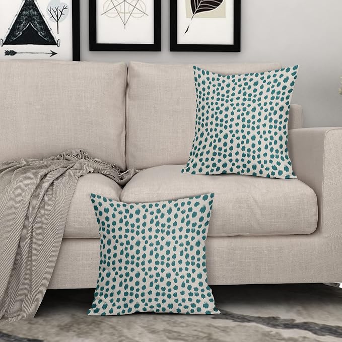 Teal Cream Pillow Covers 20x20 Set of 2 Boho Design Polka Dot Throw Pillows Modern Brush Strokes Print Decorative Outdoor Pillowcase Square Cushion Cover Linen Pillow Case for Home Sofa Couch Bed