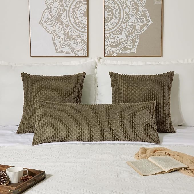 Kevin Textile Soft Corduroy 20"x54" Body Pillow Cover 1 Pack, Olive Green | Boho Stripe Plush Corduroy Decorative Oblong Cushion Cover Modern Farmhouse Home Decor for Sofa Couch Bed Chair