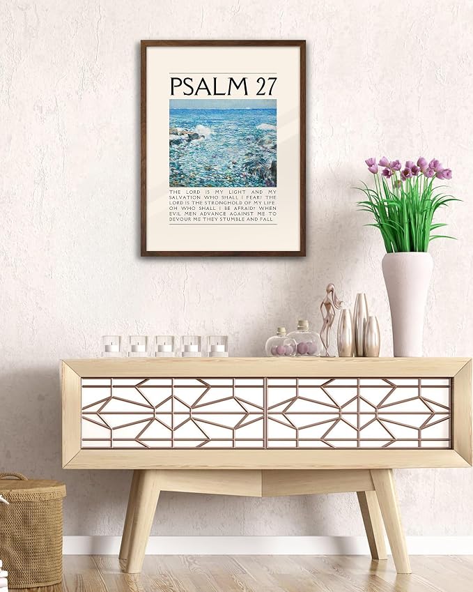 EcoHest 12x16 in Psalm 27 Ocean Framed Bible Verse Christian Wall Art | Walnut Color Solid Oak Frame， Canvas Wall Art, Coastal Scripture Wall Decor for Bedroom, Living Room, Office, Church, 1Pack