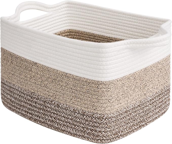 Goodpick Woven Storage Basket for Shelves, 13" x 10" x 9", Gradient Brown | Stylish Gift Basket for Home Decor, Cotton Rope Baskets for Books, Dog Toys & Towels Storage, Shelf & Closet Organization