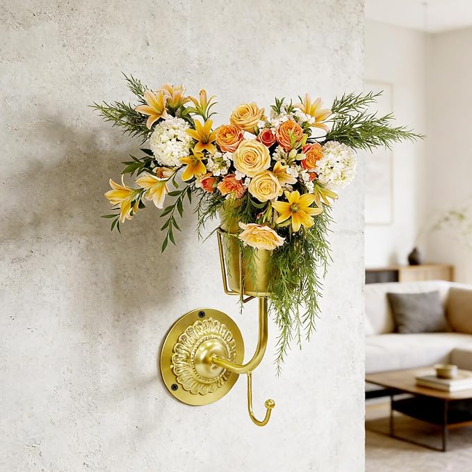Vintage Brass Wall Vase - Hanging Home Decor & Multifunctional Wall-Mounted Organizer Container for Flowers,Keys & Small Items,Kitchen Bathroom Bedroom Organization & Decor