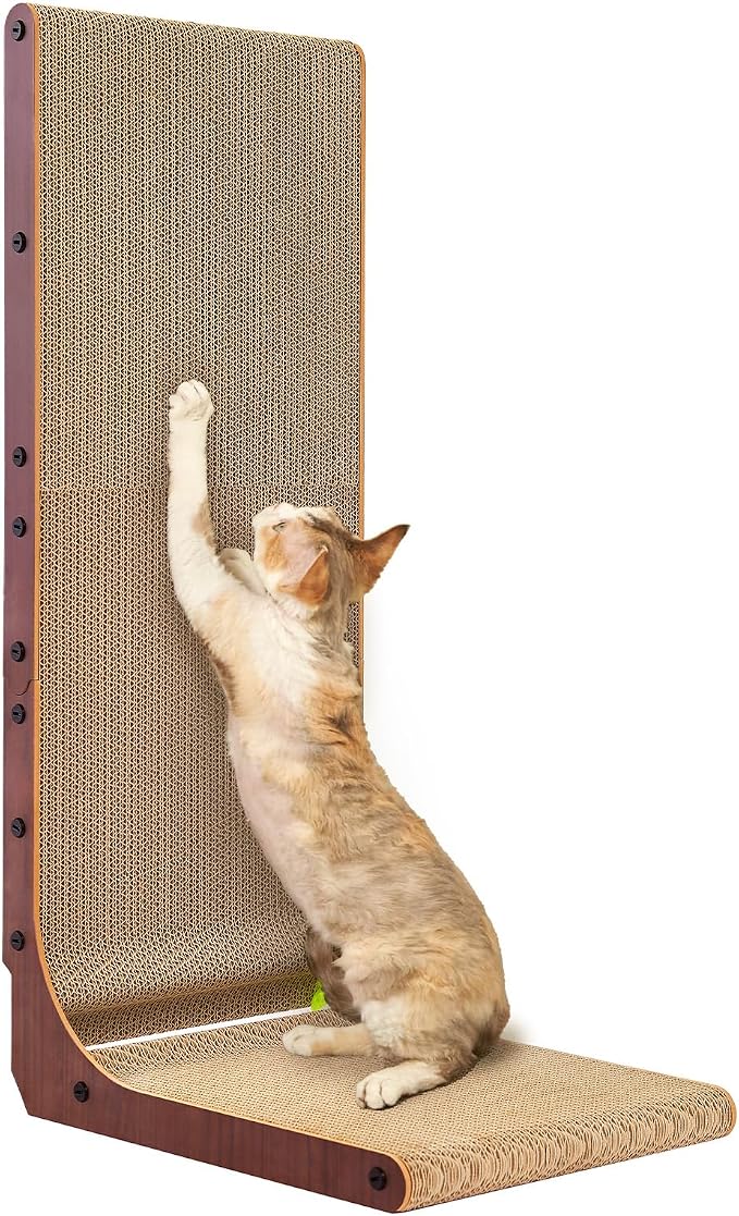 EHEYCIGA Cardboard Cat Scratcher for Indoor Cats, 32 Inch, Dark Brown | L Shaped Scratching Post, Vertical Cat Scratching Board with Ball Cat Toy, Furniture Protector, Extra Large Cat Scratch Pad