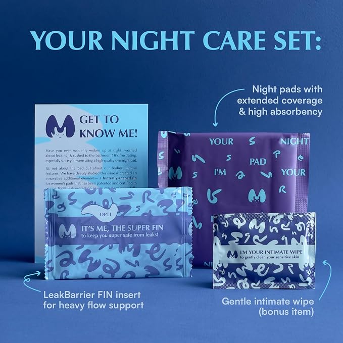 Overnight Pads with Wings – Size 4 (Opti Pad) – Ultimate Leak-Free Protection with Absorbent FIN Technology – 30 Sanitary Napkins with pH-Balanced Wipes – Sanitary Pads for Women & Teens