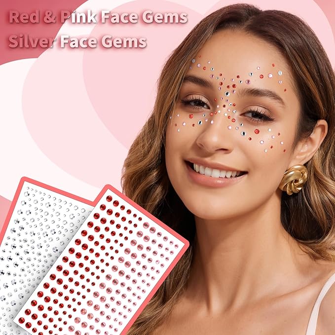 YGDZ Kiss Tattoos Temporary Set, Red Lip Tattoo Stickers & Face Gems for Valentines Makeup, 10 Sheets Lipstick Kiss Temporary Tattoo, Heart Fake Tattoos, Hair Gems, Body, Face Rhinestones for Women