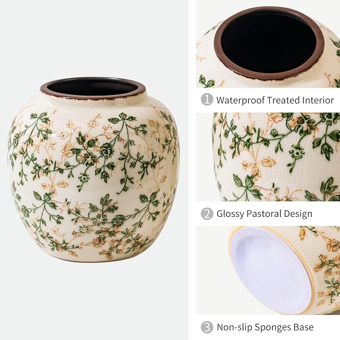 Ceramic Flower Vase for Home Decor, Vintage Decorative Green Vase 6.7 Inch | Rustic Farmhouse Floral Vase for Living Room, Coffee Table, Mantel, Kitchen, Bookshelf, Entryway, Wedding Centerpiece