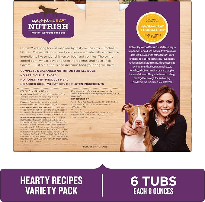Nutrish Hearty Recipes Wet Dog Food Variety Pack, 8 oz. Tubs (Rachael Ray) | Contains 2 Packs of 6 Tubs, Includes 3 Delicious Flavors of Chicken Paw Pie, Beef Stroganwoof & Chicken Muttballs