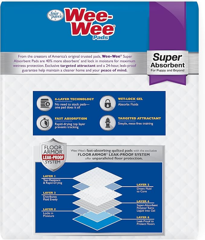 Four Paws Wee-Wee Super Absorbent Pads for Dogs, 22 Count | Leak-proof puppy pads, locks in wetness, dog housebreaking & potty training, all day floor protection, 24" x 24"