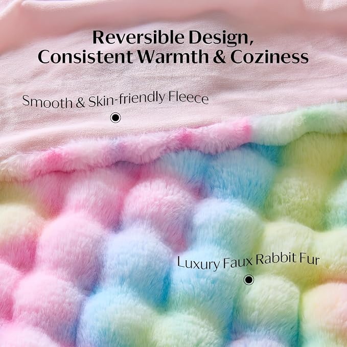 DOWNCOOL Large Faux Rabbit Fur Throw Blanket, Soft Fluffy Fuzzy Plush Bubble Blanket for Couch Sofa & Bed, Cozy Warm Luxury Fleece Minky Blanket, 90x90 Inches Rainbow