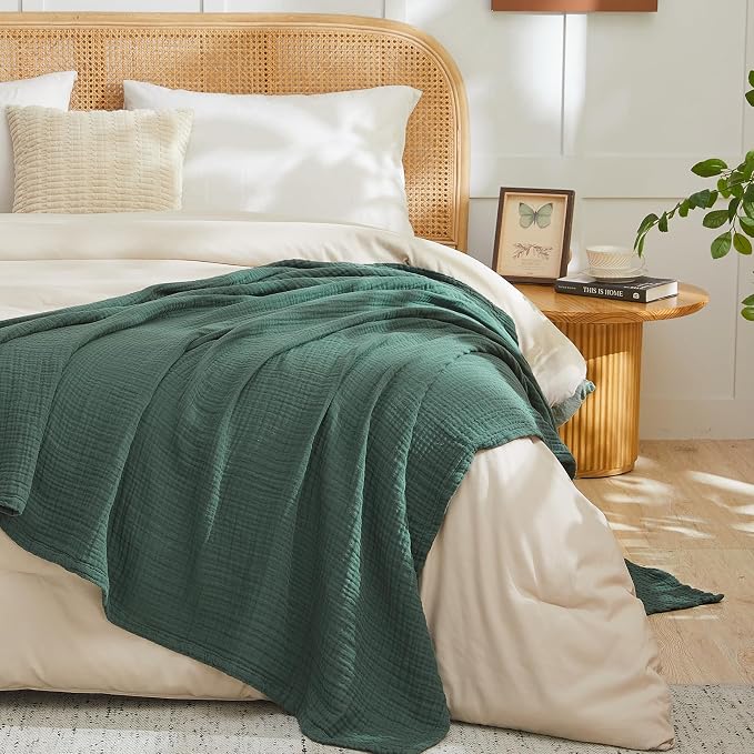 EMME Muslin Blankets for Adults Throw Blanket for Couch Breathable Gauze Soft Lightweight Airy Forest Green Super King 120" x 94"