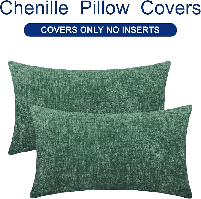 CaliTime Decorative Couch Throw Pillow Covers 20 X 12 Inches Dark Green | Pack of 2, Cozy Chenille Cushion Cases for Sofa Bed Living Room Farmhouse Home