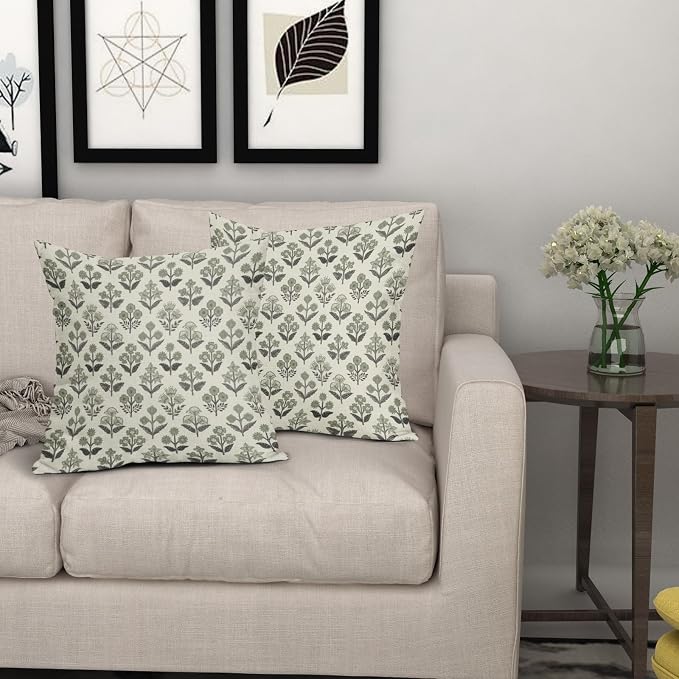Black Sage Green Floral Block Print Pillow Covers 22x22 Inch Set of 2, Vintage Flower Pattern Spring Summer Decorative Throw Pillowcases Outdoor Farmhouse Cushion Covers Seasonal Sofa Couch Bed Decor