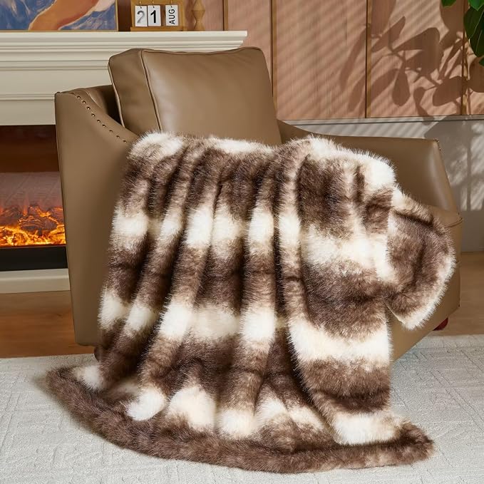 Luxury Fluffy Faux Fur Throw Blanket,Thick Fluffy Silky Fuzzy Cozy Blanket,Plush Blankets for Couch, Sofa, Chair, Bed-Faux Fur Brown Stripe 50 * 60inch