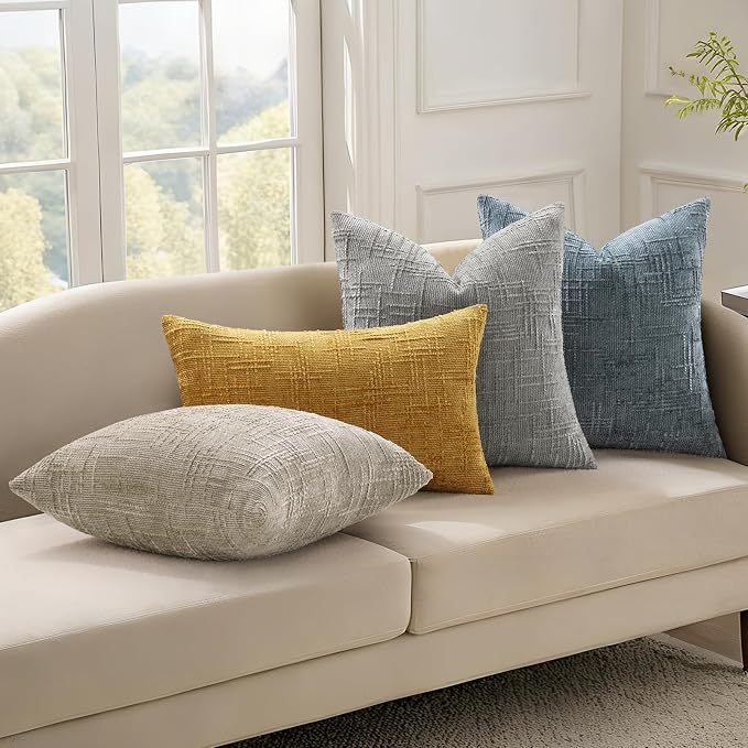 decorUhome Textured Chenille Throw Pillow Covers 12x20 Set of 2 Light Brown | Fall Modern Farmhouse Soft Cozy Slubby Couch Pillow Cases Boho Decorative Pillow Cases for Bed Sofa Living Room Home Decor