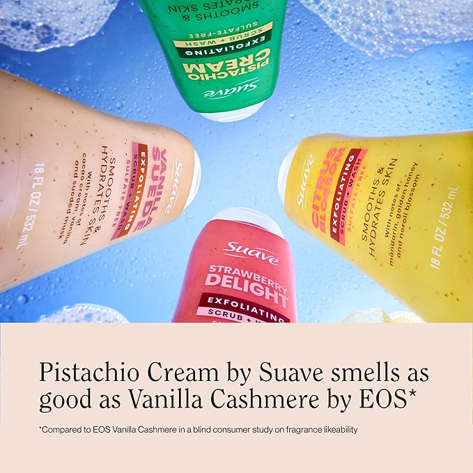 Suave Pistachio Cream Exfoliating Body Wash & Scrub with Glycerin & Vitamin E, Sulfate-Free Hydrating Cleanser for Soft, Smooth Skin, 6 Count, 18 FL OZ