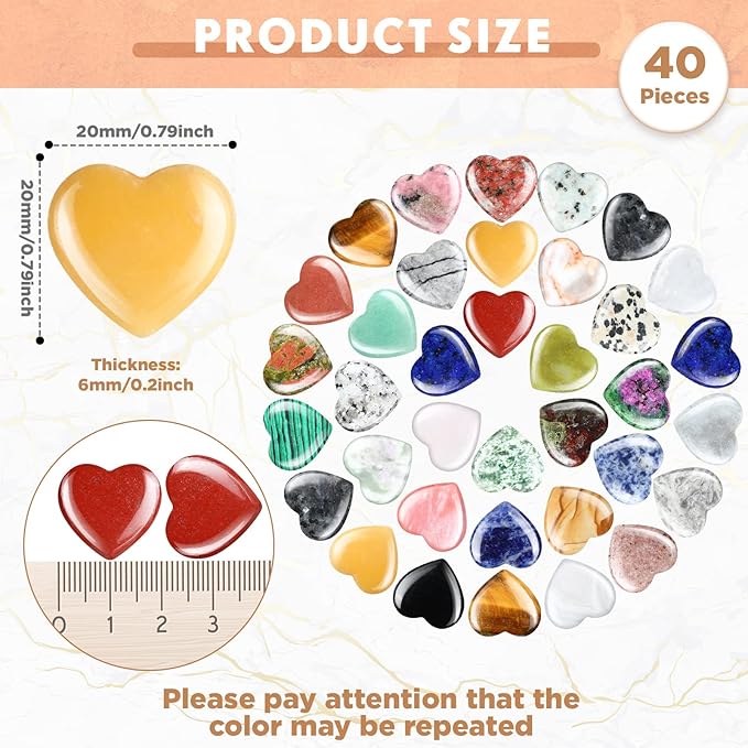 Nuenen 40 Pcs 0.8 Inch Heart Shaped Crystal Valentines Gift Worry Stone Bulk Heart Rock Tiny Trinkets Healing Crystal Gemstone Palm Pocket Love Carved Rock for Mom Women Meditation