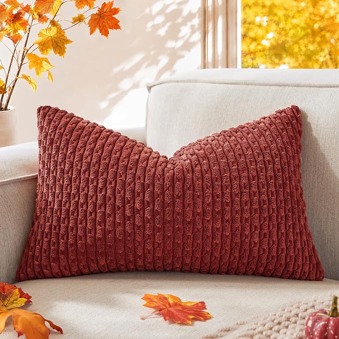 Kevin Textile Soft Corduroy 14"x22" Lumbar Pillow Cover 1 Pack, Burnt Brick | Fall Boho Stripe Plush Corduroy Decorative Oblong Cushion Cover Modern Farmhouse Home Decor for Sofa Couch Bed Chair