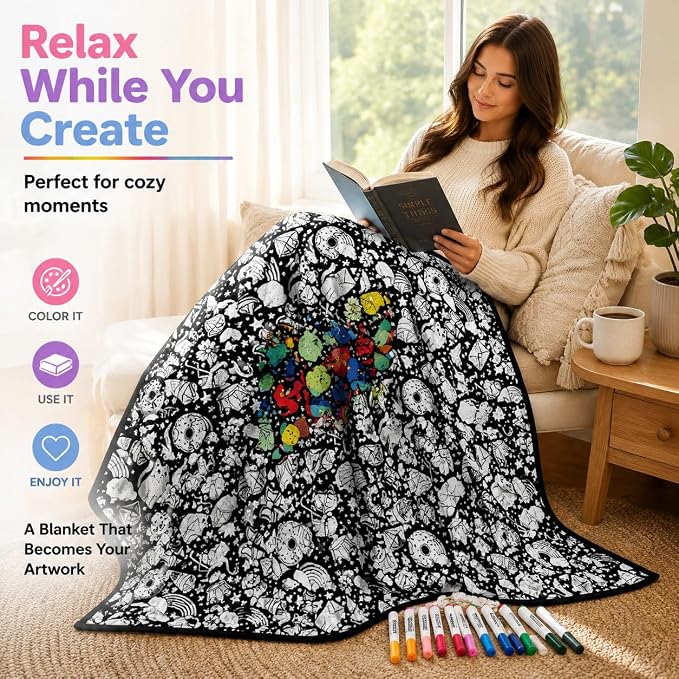VEELU DIY Rainbow Coloring Blankets with 24 Colors Markers for Adults | Custom Color In Your Own Blankets With 24 Colors Markers, Snuggle Color Sketch Washable Blankets Kit Home Decor