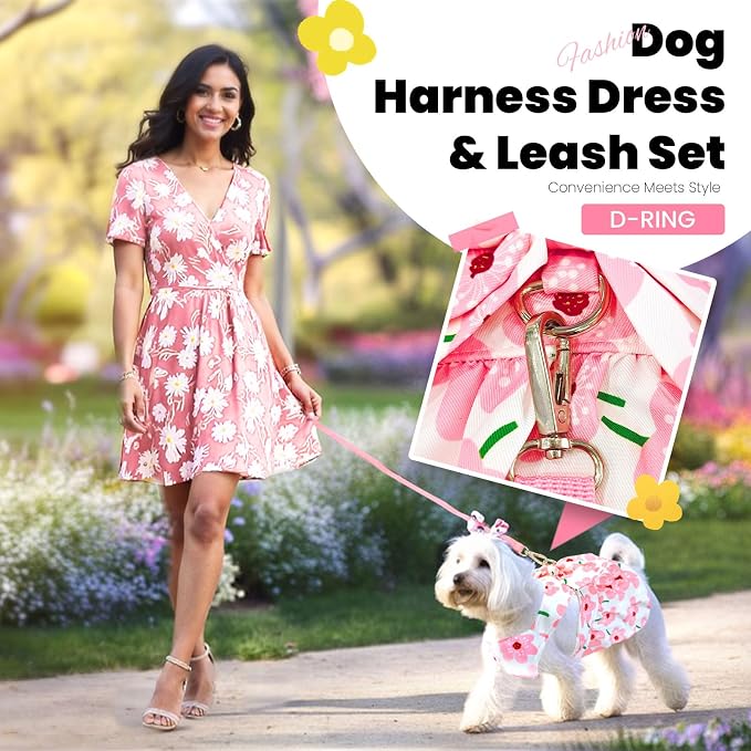 ABRRLO Cute Dog Dress Small Dog Clothes for Girls Female Puppy Outfits Pink Floral Pet Summer Clothes Bowknot Doggy Cat Princess Dress Harness Set for Holiday Birthday Party Costume Clothing (Pink,L)