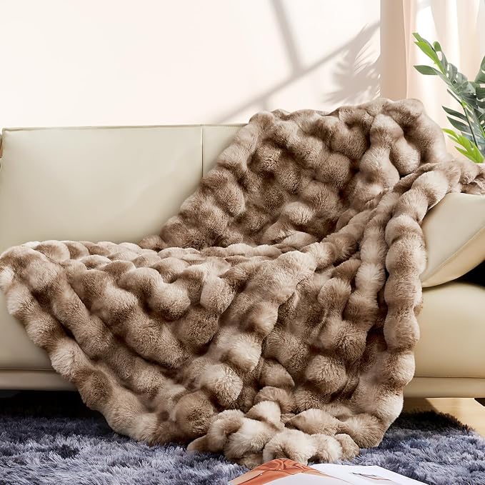 Luxury 1000GSM Faux Rabbit Fur Throw Blanket, Super Heavy Warm Cozy Brown Blankets for Couch Bed Sofa, Ruched Plush Fuzzy Elegant Soft Reversible Mink Blanket for Living Room Bedroom