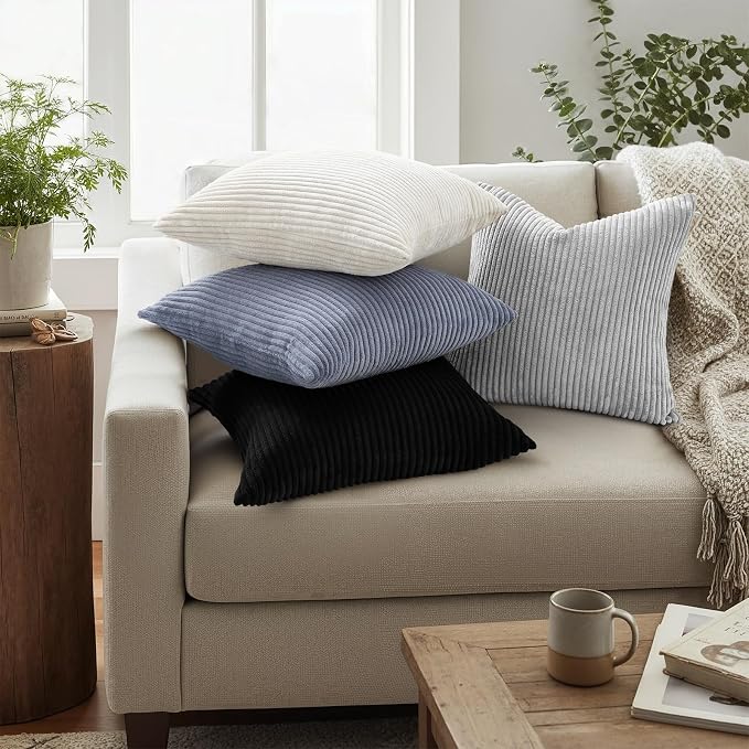 Mecatny Corduroy Decorative Throw Pillow Covers 26x26 Set of 2 Black | Soft Striped Texture, Hidden Zipper Design, Neutral Boho Square Pillow Cases for Sofa Couch Living Room Bedroom, Home Décor