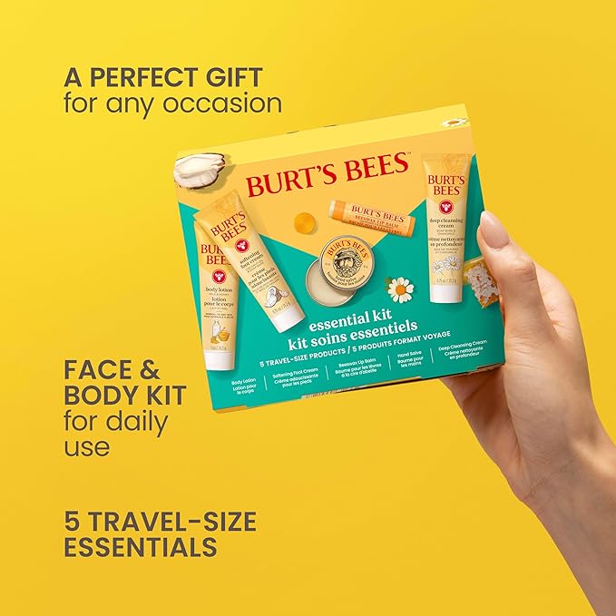 Burt's Bees Mothers Day Gifts Ideas - Essentials Everyday Set, 5 Travel Size Products - Deep Cleansing Cream, Hand Salve, Body Lotion, Foot Cream and Original Lip Balm