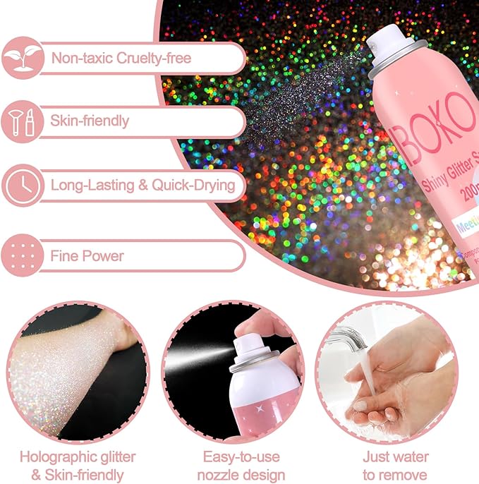 Boko Body Glitter Spray, 200ML Holographic Silver Glitter Spray for Body Hair Clothes, Long-Lasting Body Shimmer Glitter Hairspray for Festival Party Concert Shiny Pride Makeup Rave Accessories