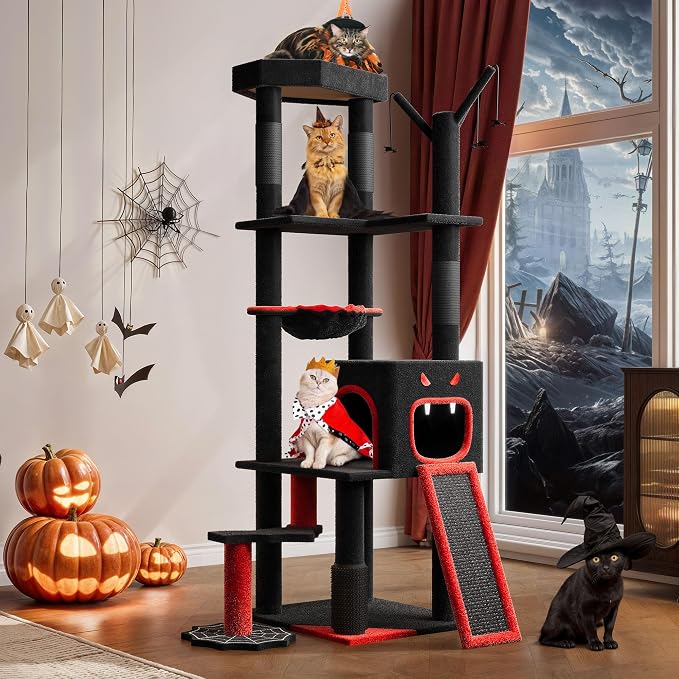 YITAHOME Gothic Cat Tree with Coffin Bed, 60" Tall Cat Tower for Indoor Cats with Top Perch, Spacious Cat Condos, Spider Hanging Balls,Comfy Basket, Scratching Post and Ladder, Black Halloween