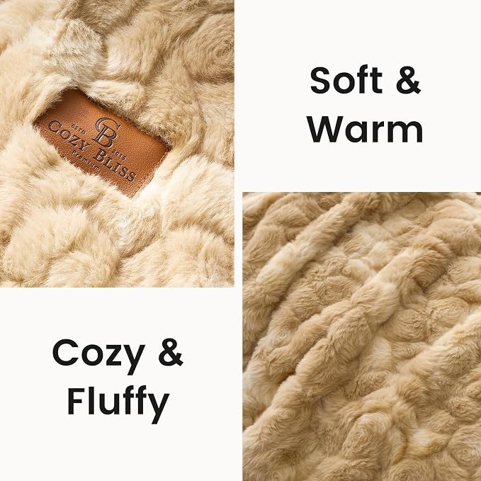 Cozy Bliss Faux Fur Throw Blanket for Couch, Fuzzy Soft Plush Thick Warm Fluffy Reversible Wave Textured Blanket for Sofa Bedroom Living Room, 55 * 70 Inches Tie-dye Khaki