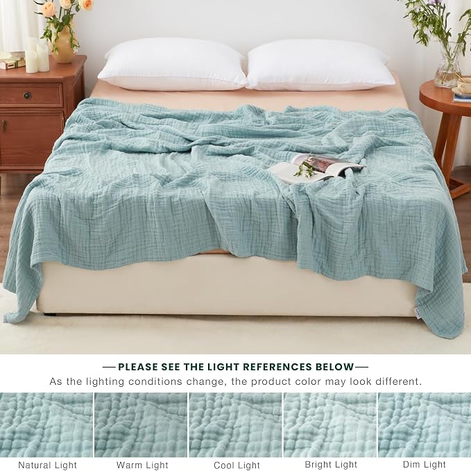 Love's cabin 100% Cotton Muslin Blanket, 6 Layer Lightweight Breathable Gauze Queen Size Blanket 90 x 90 Inches, Soft All Season Blanket for Bed, Cyan