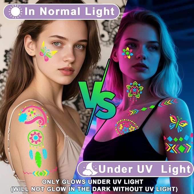 Glow in the Dark Face Paint Markers, UV Neon Body Paint Pen 4-Color + 8 Sheet Mandala Flower Bohemia Tattoos Stencils for Adult Teen Kid, Glow Party Nightclub Birthday Festival Christmas Washable