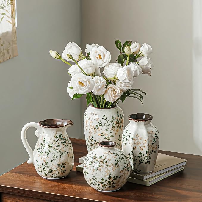 Ceramic Flower Small Vase for Home Decor, Vintage Green Mini Vase Set of 4 | Rustic Farmhouse Floral Vase for Kitchen, Living Room, Mantel, Coffee Table, Bookshelf, Entryway, Wedding Centerpiece