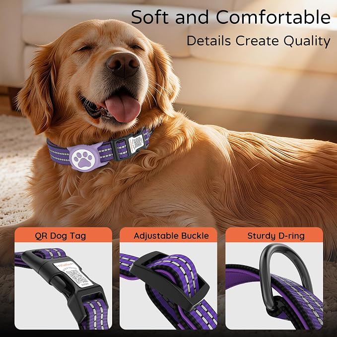 Waterproof AirTag Dog Collar with QR Code Dog Tag, Purple S | IP68 waterproof, QR code dog tag, Anti-Lost, Online profile, fits XS-L (8"-26"), Padded nylon, Reflective, No App, No Fees