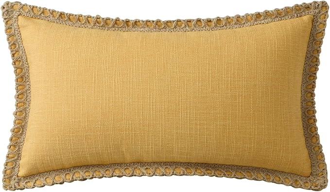 Phantoscope Pack of 2 Farmhouse Decorative Throw Decorative Pillow Cover Burlap Linen Trimmed Tailored Edges, Mustard Yellow, 12 x 20 inches, 30 x 50 cm
