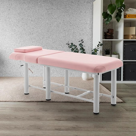 Professional Massage Bed 73 Inch, Treatment Table Salon Bed with Removable Headrest, Stationary Physical Therapy Table Spa Facial with Adjustable Backrest, Steel Frame, Pink