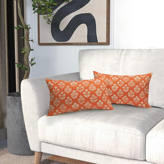 Orange Pillow Covers 12x20 Inch Set of 2, Cream Floral Block Print Pattern Lumbar Decorative Throw Pillowcases Outdoor Farmhouse Rectangle Cushion Covers Spring Summer Sofa Couch Bed Decor