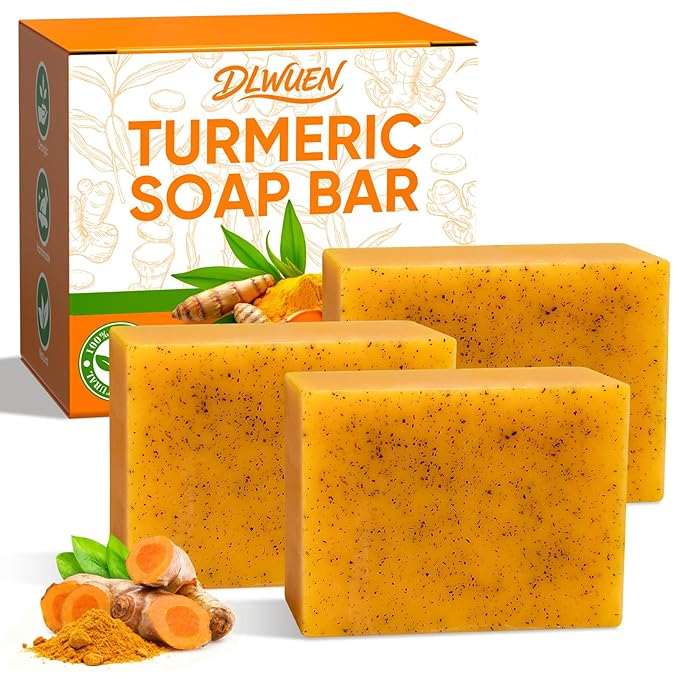 3 Packs Turmeric Soap Bar for Face & Body Cleanser, Organic Lemon Turmeric Soap with Vitamin C, Gentle Handmade Formula for Smoothing & Moisturizing Skin, Suitable for All Skin Types - 10.59 oz