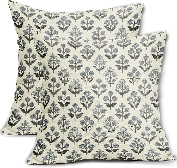 Black Dusty Blue Floral Pillow Covers 16x16 Inch Set of 2, Vintage Flower Block Print Pattern Decorative Throw Pillowcases Outdoor Farmhouse Cushion Covers Rustic Neutral Sofa Couch Bed Decor