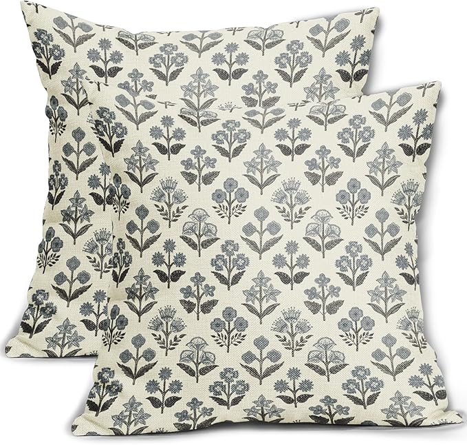 Black Dusty Blue Floral Pillow Covers 24x24 Inch Set of 2, Vintage Flower Block Print Pattern Decorative Throw Pillowcases Outdoor Farmhouse Cushion Covers Rustic Neutral Sofa Couch Bed Decor