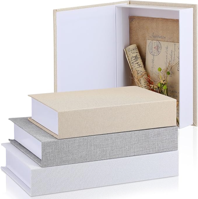 Tioncy 3 Pcs Decor Linen Faux Book Box Set Aesthetic DIY Fake Linen Book Box for Decor Storage Cafe Table Bookshelf Gift Home Keepsake(Multi Sizes,Rice White, Light Grey and White)