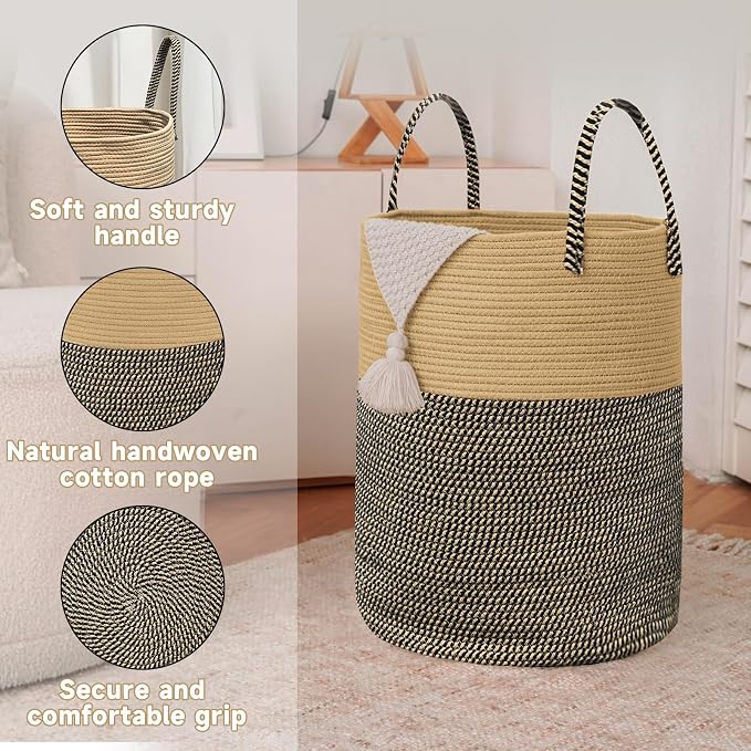 JMvicyroam 60L Cotton Rope Laundry Basket Hamper, Brown and Black | Collapsible laundry basket, reinforced handles, freestanding, machine washable, holds 3-5 thick blankets, clothes or toys