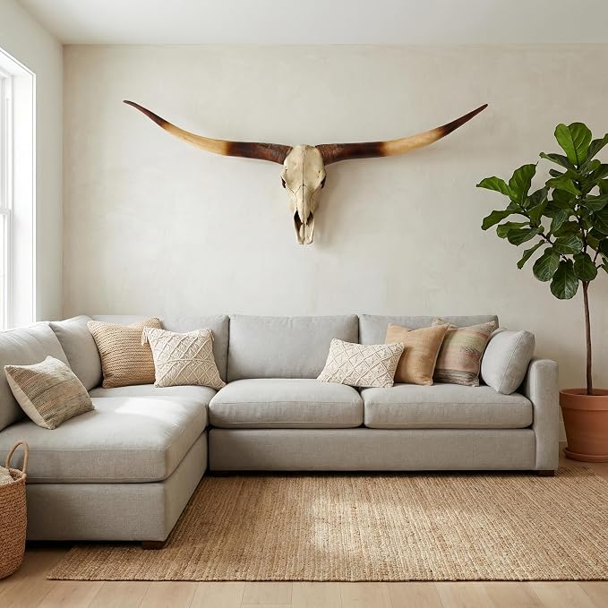 JUNTHORB 70in Longhorn Wall Decor, Extra Large Authentic Croissant，Cow Skull Wall Decor，cow horns, cow horn wall decoration, long horn skull，Handmade Farmhouse Decor (brown)