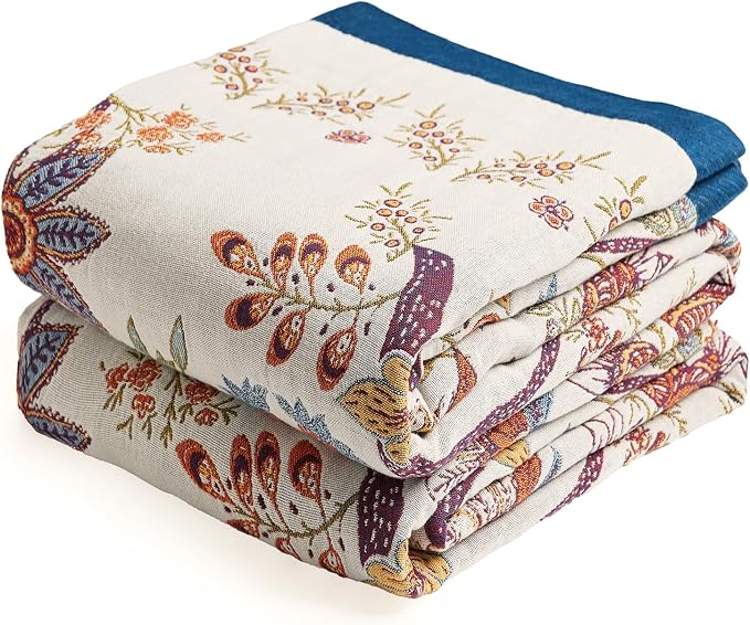 VANJOROY Boho Throw Blanket, 100% Organic Cotton Breathable Skin-Friendly Ultra Soft Bed Quilt Throw - All Season Floral Farmhouse Décor Luxury Blanket for Sofa Couch Chair and Gift. 50" x 60"