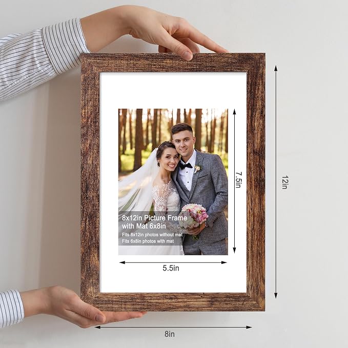 Hongkee 8x12 Picture Frame Set of 4, Made of Glass and Rustic Brown Wooden Frame - Display 6x8 Picture with Mat or 8 x 12 Poster Without Mat, 8 by 12 Photo for Wall or Tabletop