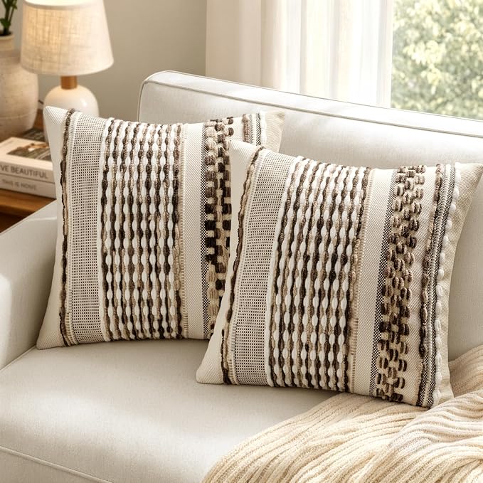 ANRODUO Boho Decorative Pillow Covers Dark Brown Stripe 20x20 Pack of 2 | Throw Pillow Covers, Farmhouse Cushion Case, Chenille Pillow Cases, Pillow Covers, Accent Neutral Pillowcase for Couch Bed